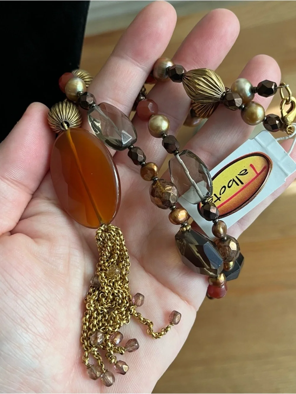 Talbots beaded statement necklace  mix of brown, orange, and gold-toned glass - Picture 7 of 9